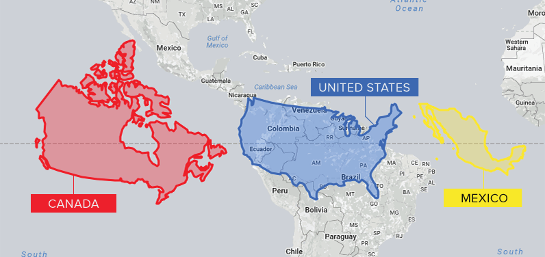 Canada, USA, Mexico Size Comparison Map